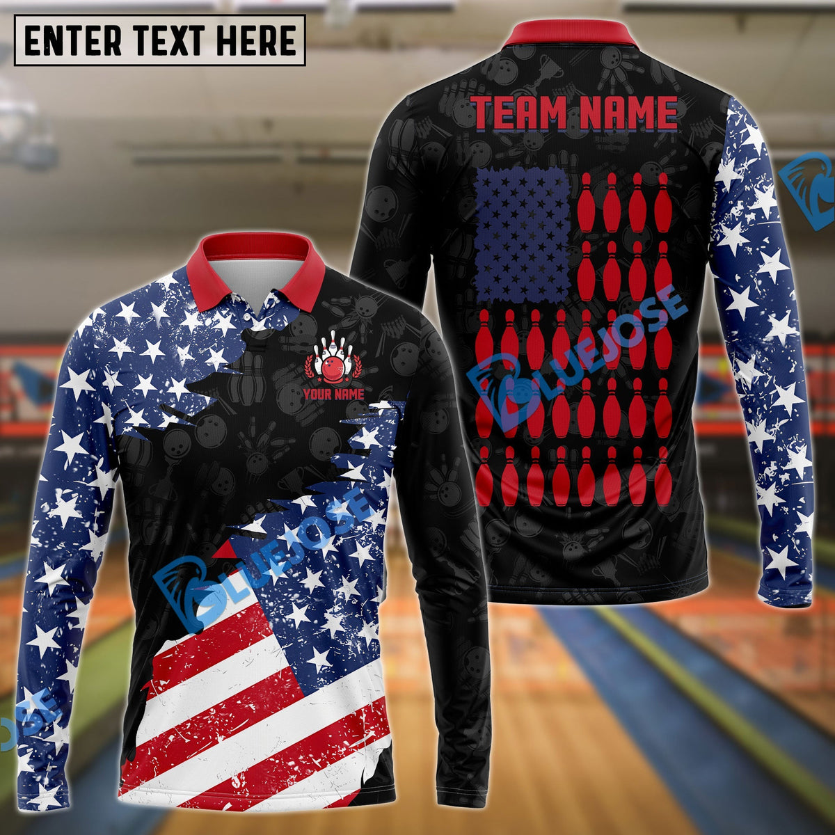 BlueJose Bowling And Pins US Flag Bowling Pattern Customized Name, Team Name 3D Shirt (Black & White)
