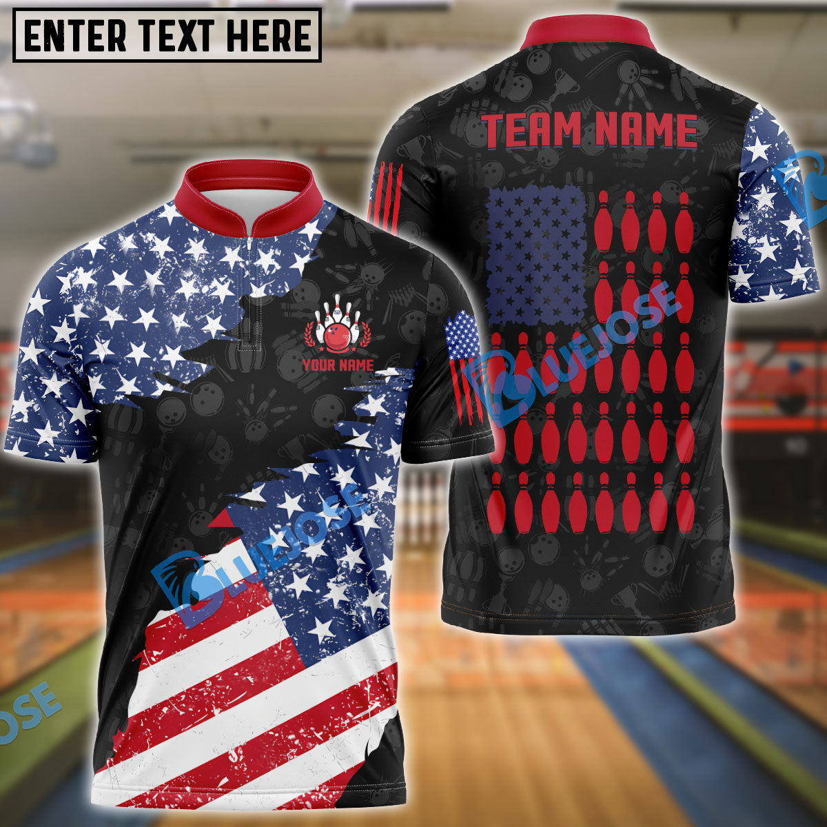 BlueJose Bowling And Pins US Flag Bowling Pattern Customized Name, Team Name 3D Shirt (Black & White)