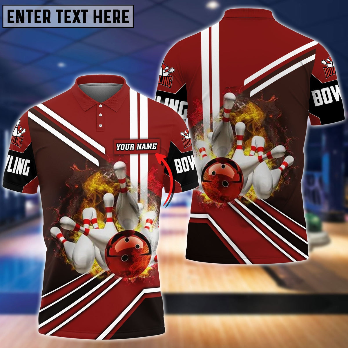 BlueJose Red Bowling Ball On Fire Crashing Pins Personalized Name 3D Shirt