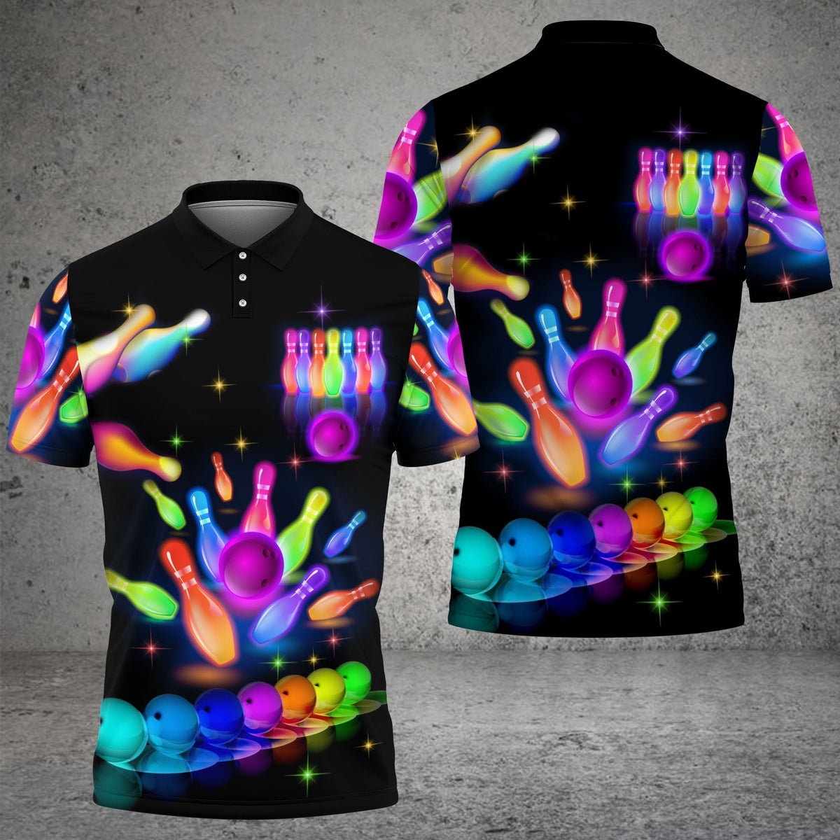 BlueJose Bowling Party Neon with Purple Balls and White Pins on the Bright Pink 3D Shirt