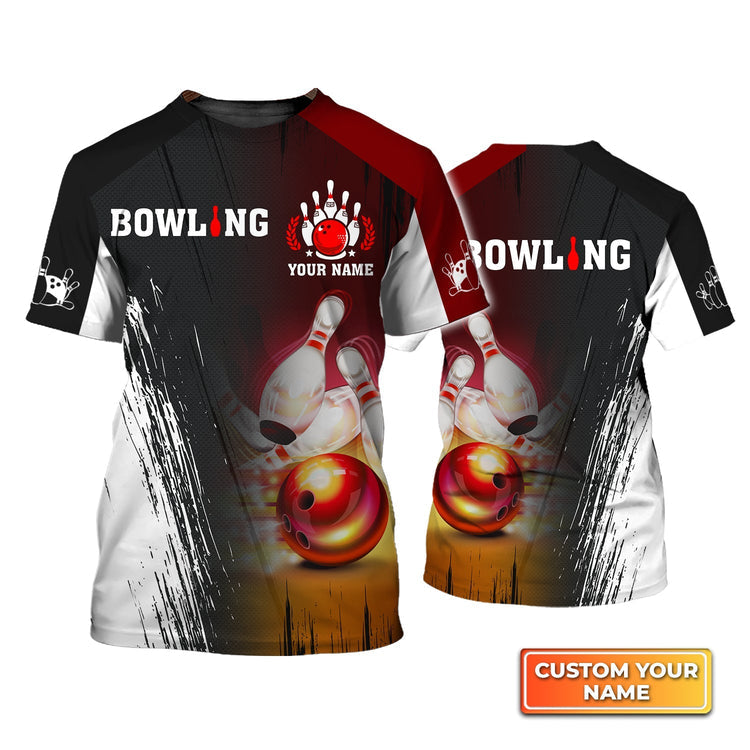 BlueJose Red Bowling Ball Crashing Pins Personalized Name 3D Shirt