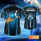 BlueJose The Blue Bowling Ball in Flames Breaks White Skittles Personalized Name 3D Shirt
