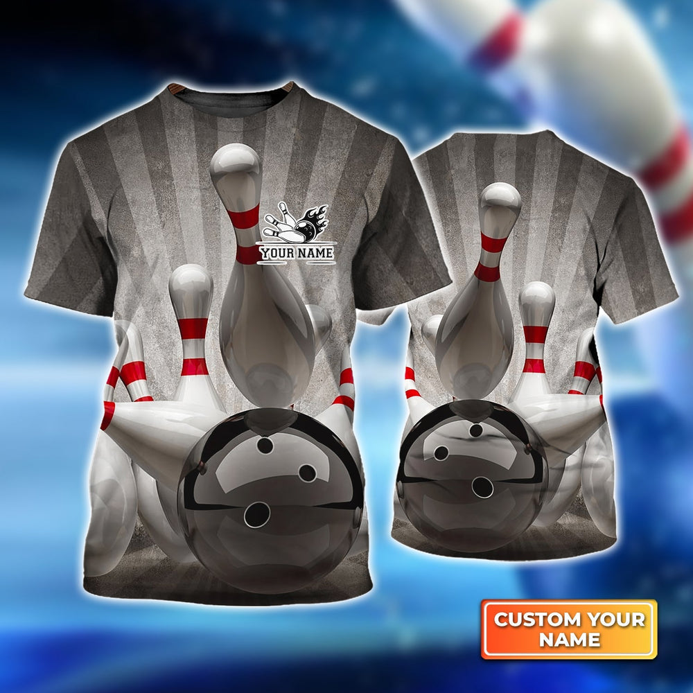 BlueJose Bowling Ball Crashing into the Pins on Vintage Personalized Name 3D Shirt