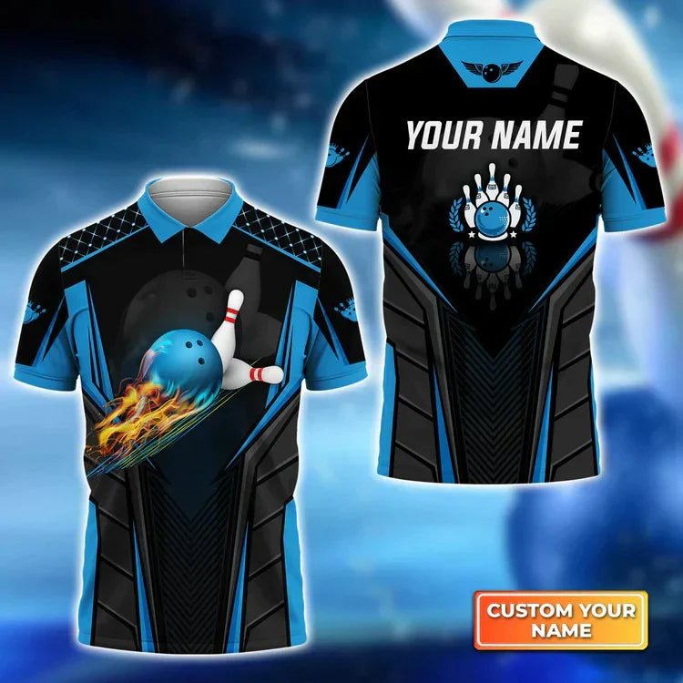 BlueJose The Blue Bowling Ballin Flames Breaks White Skittles 2 Personalized Name 3D Shirt