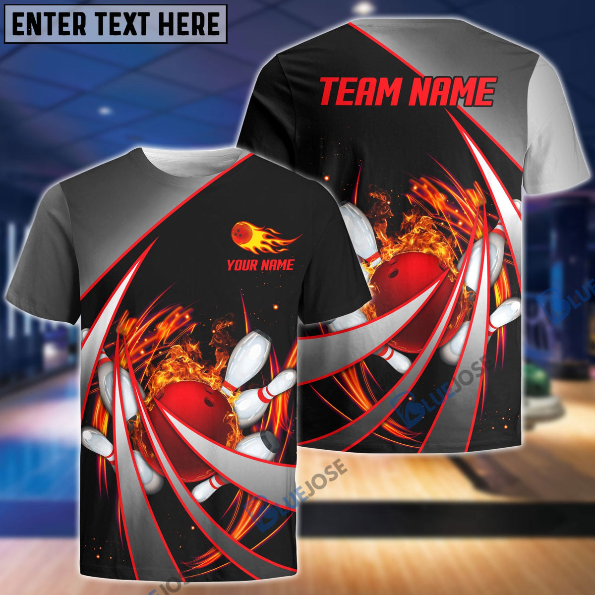 BlueJose Flame Bowling And Pins Tornado Pattern Multicolor Customized Name 3D Shirt
