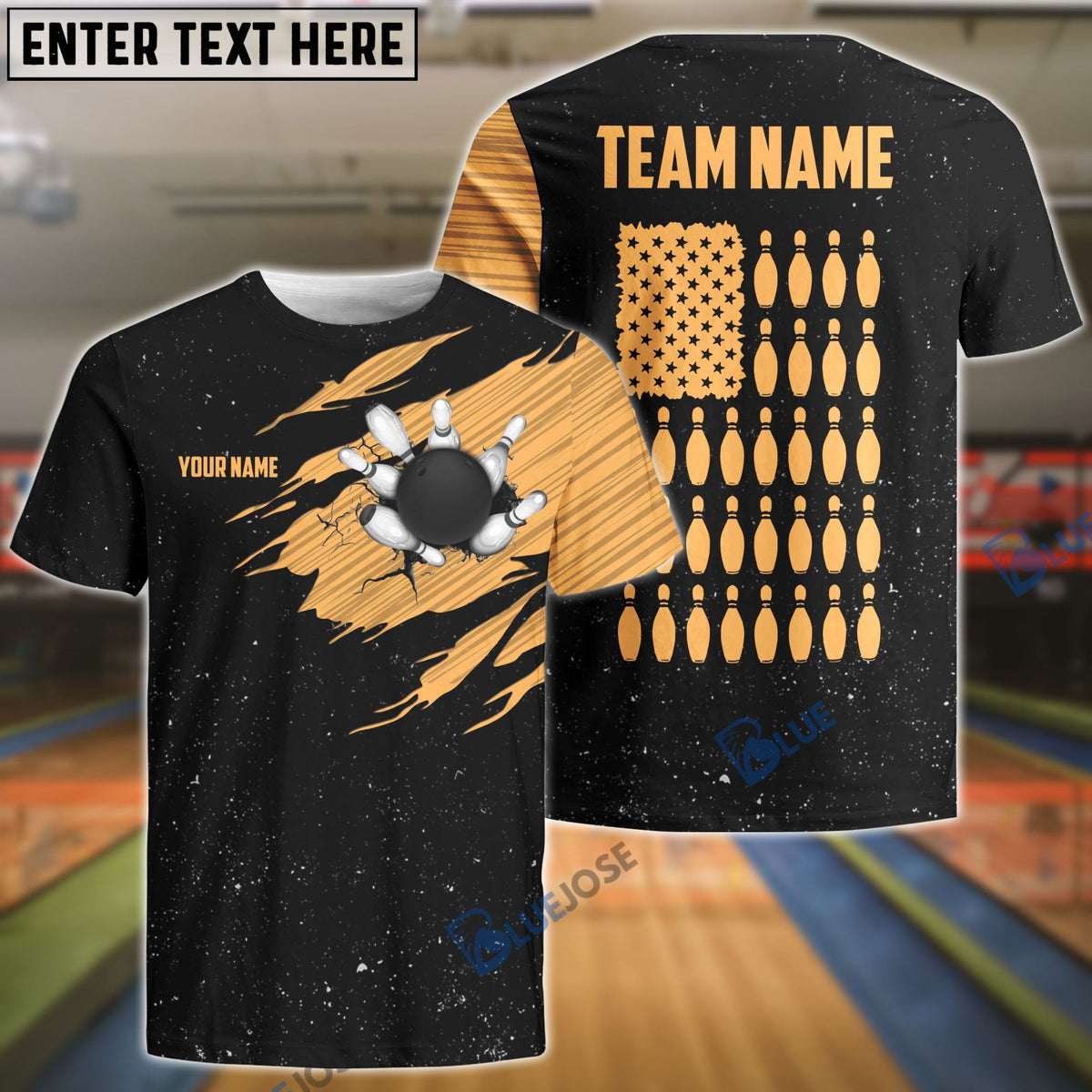 BlueJose Bowling Black Golden Customized Name, Team Name 3D Shirt