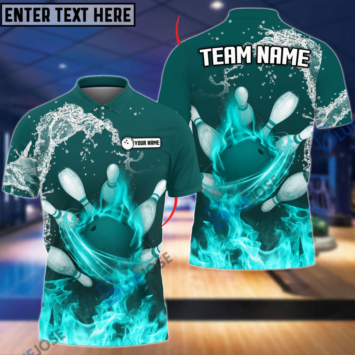 BlueJose Bowling And Pins Water and Fire Personalized Name Team Name 3D Shirt