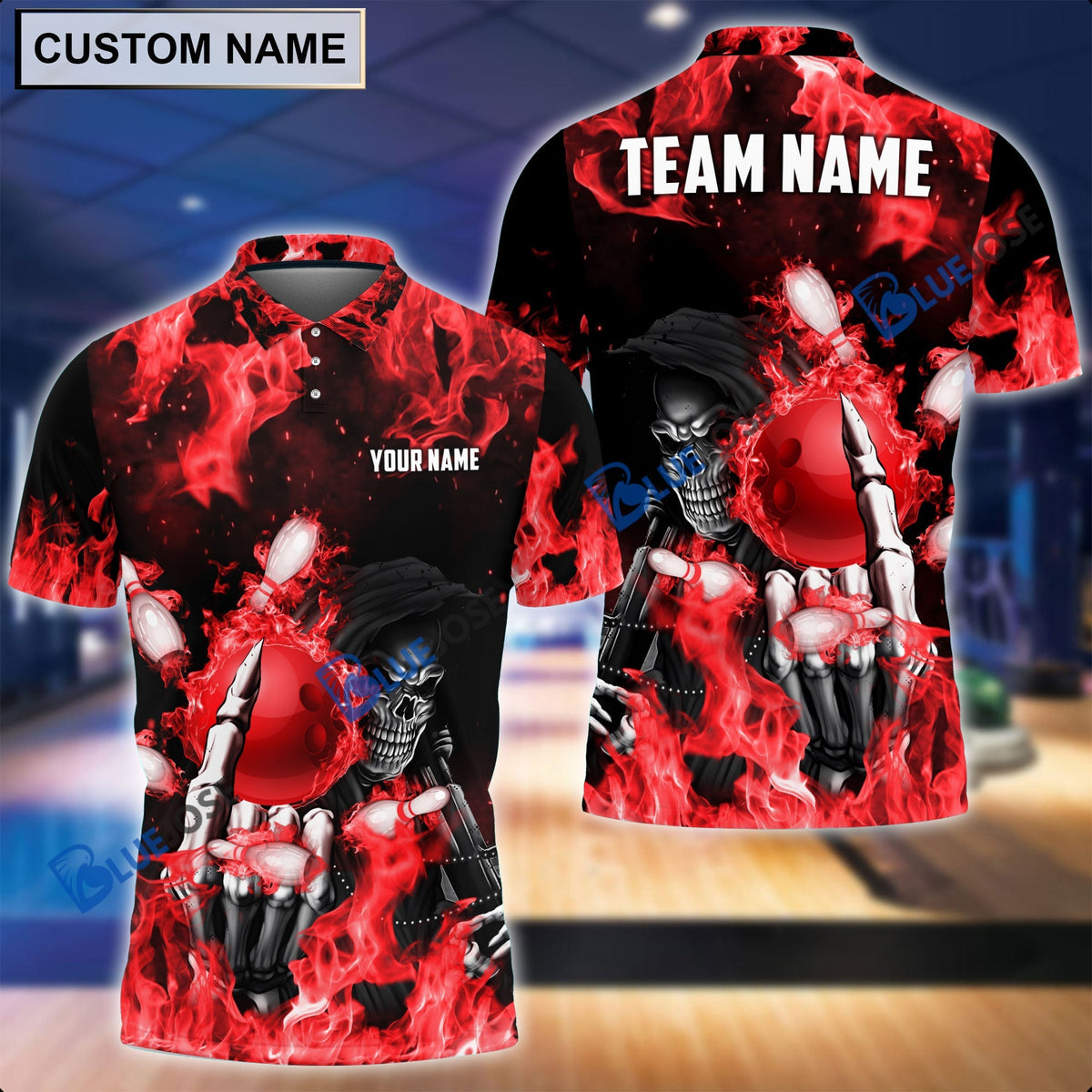 BlueJose Personalized Name and Team Name Fire Skull Bowling and Pins 3D Shirt