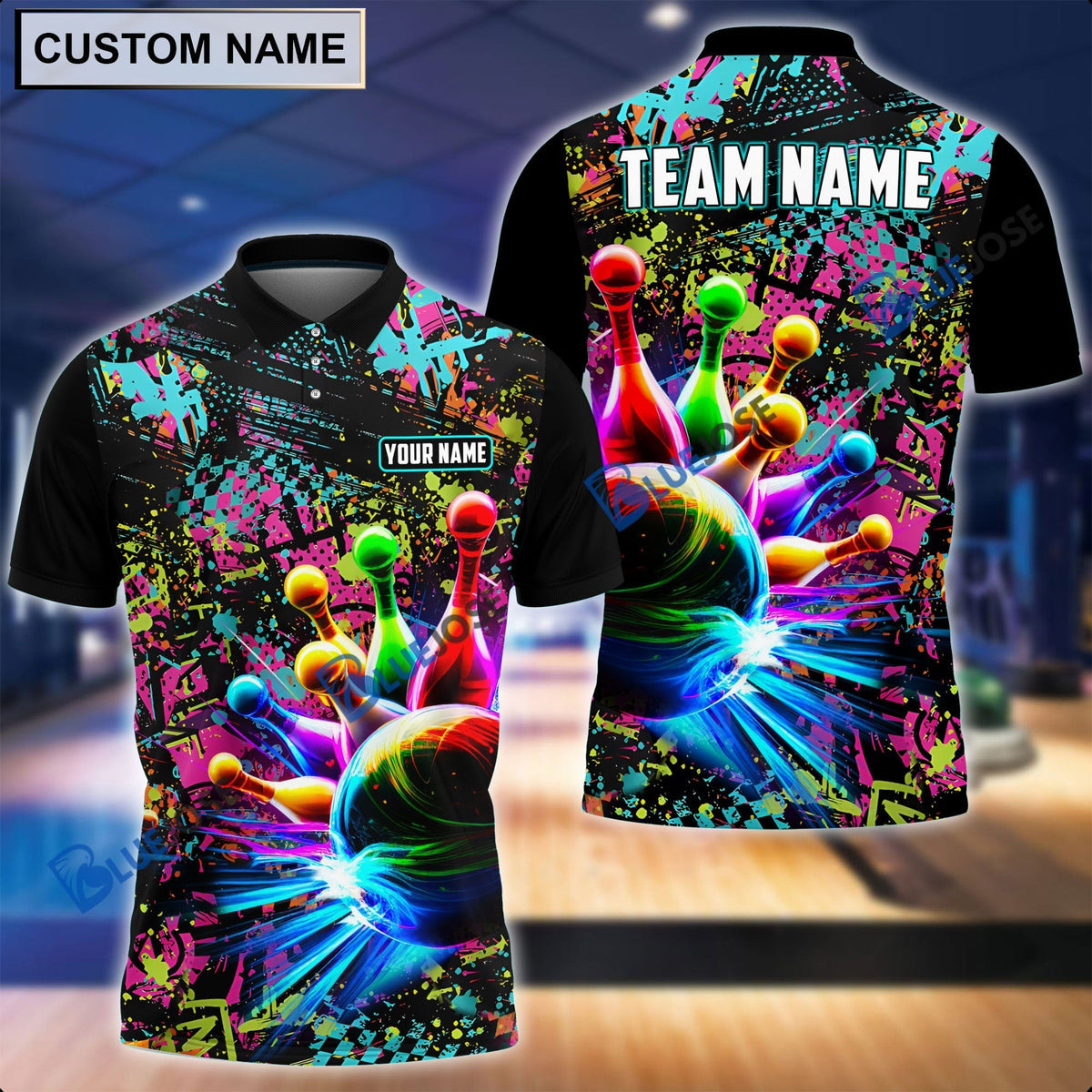 BlueJose Personalized Name and Team Name Paint Colorful Bowling and Pins 3D Shirt, Personalized Shirts For Bowling Players