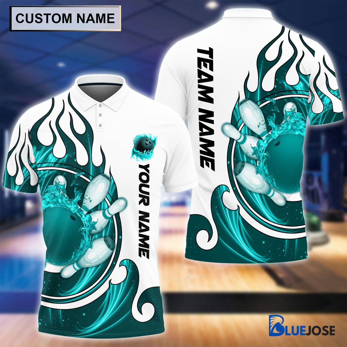BlueJose Personalized Name and Team Name Fire Color Bowling Player Multicolor Polo Shirt