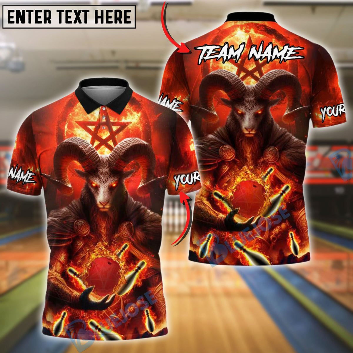 BlueJose Bowling And Pins Infernal Goat King Customized Name, Team Name 3D Shirt (4 Colors)