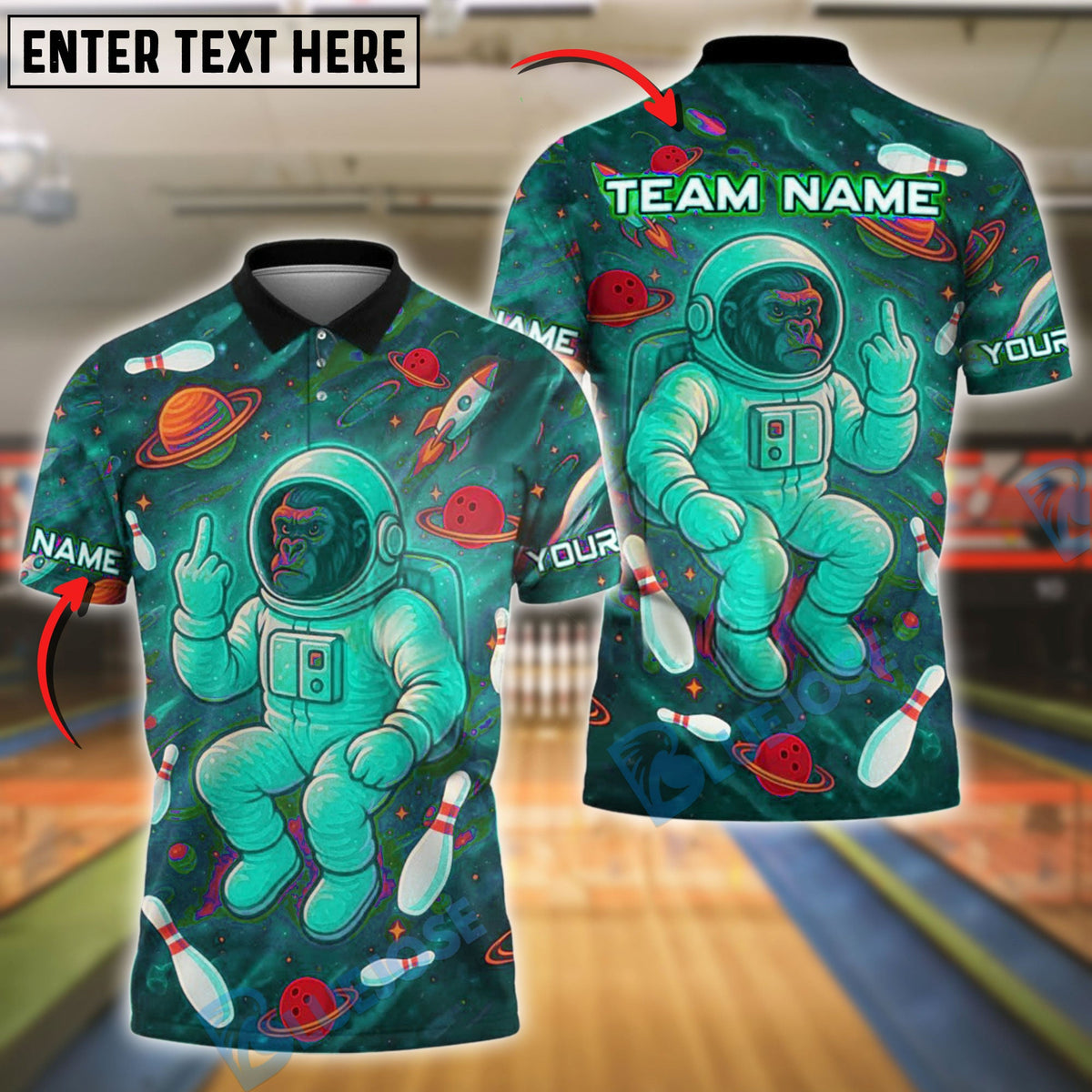 BlueJose Bowling And Pins Space Ape Bigfoot Customized Name, Team Name 3D Shirt (4 Colors)