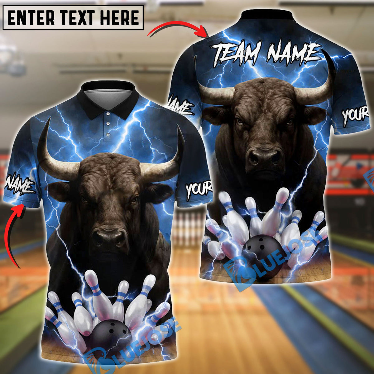 BlueJose Bowling Lightning Bull Customized Name, Team Name 3D Shirt (4 Colors)