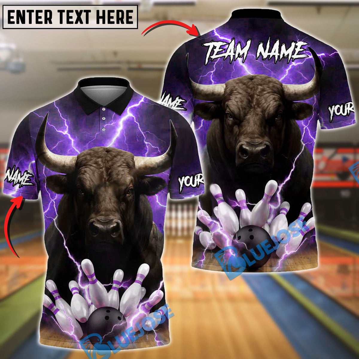 BlueJose Bowling Lightning Bull Customized Name, Team Name 3D Shirt (4 Colors)