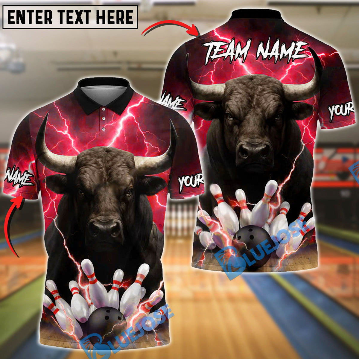 BlueJose Bowling Lightning Bull Customized Name, Team Name 3D Shirt (4 Colors)