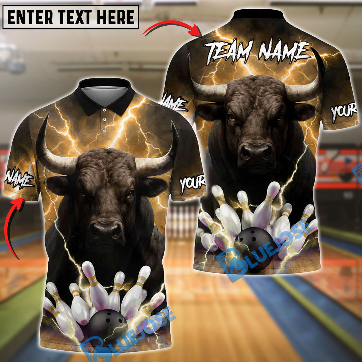 BlueJose Bowling Lightning Bull Customized Name, Team Name 3D Shirt (4 Colors)