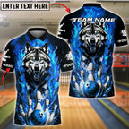 BlueJose Bowling & Pins Fire Wolf Strike Customized Name, Team Name 3D Shirt (4 Colors)