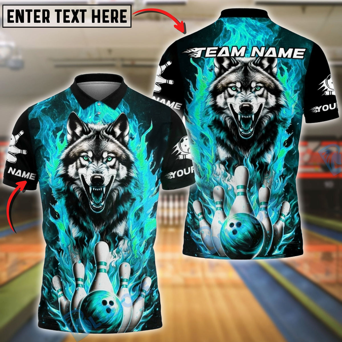 BlueJose Bowling & Pins Fire Wolf Strike Customized Name, Team Name 3D Shirt (4 Colors)