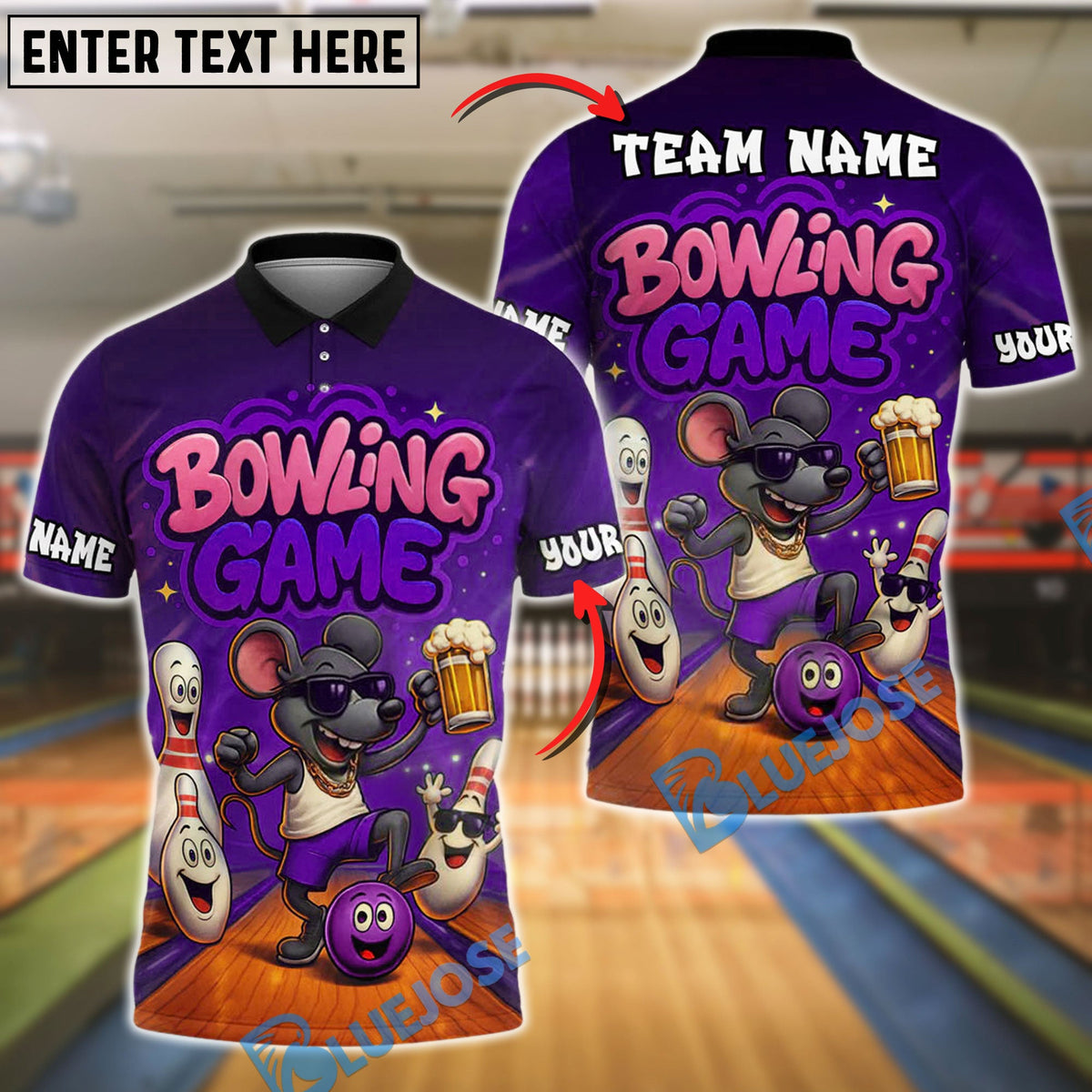 BlueJose Bowling Cool Mouse Customized Name, Team Name 3D Shirt (4 Colors)