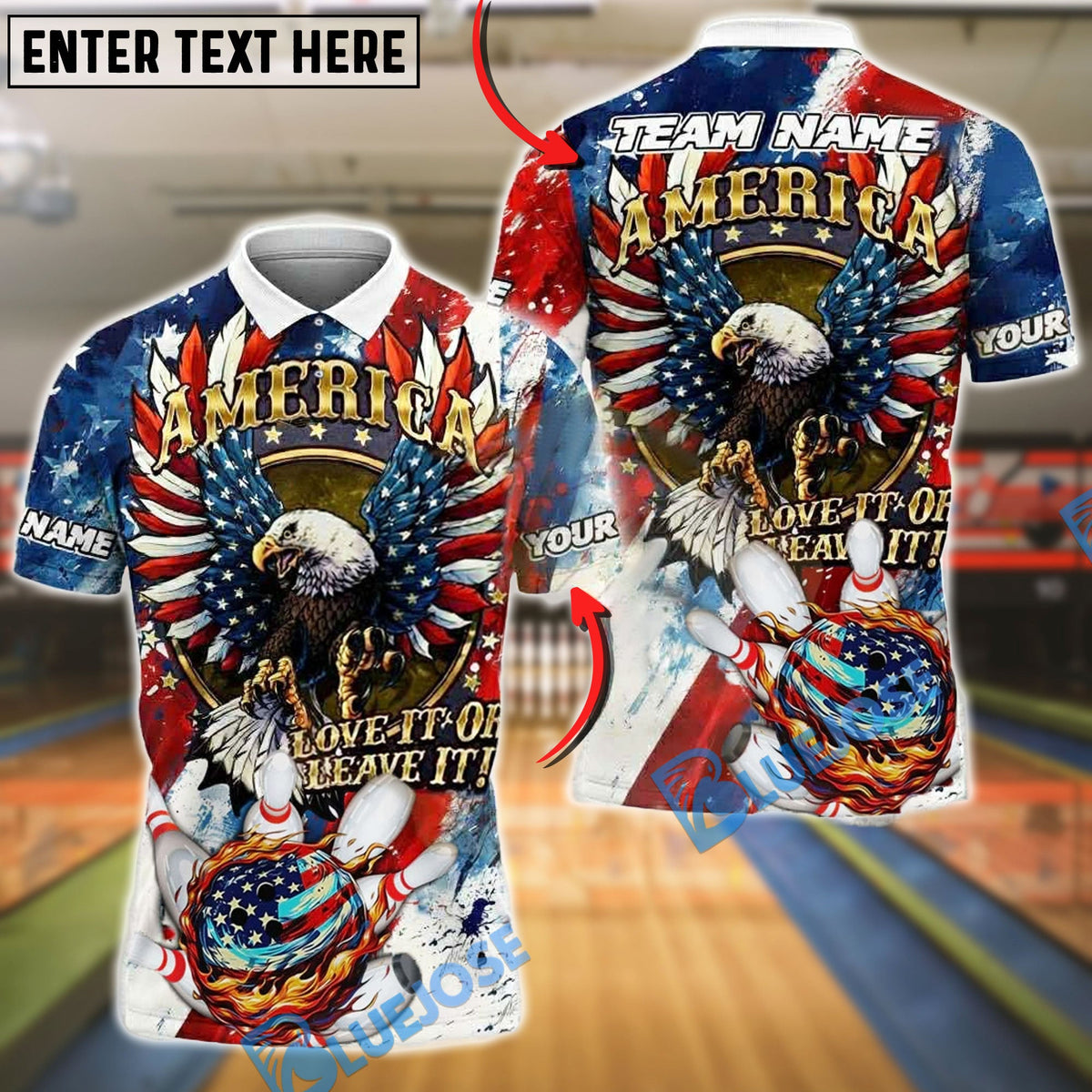 BlueJose Bowling And Pins American Eagle with Flaming USA Flag Bowling Ball Personalized Name, Team Name Shirt
