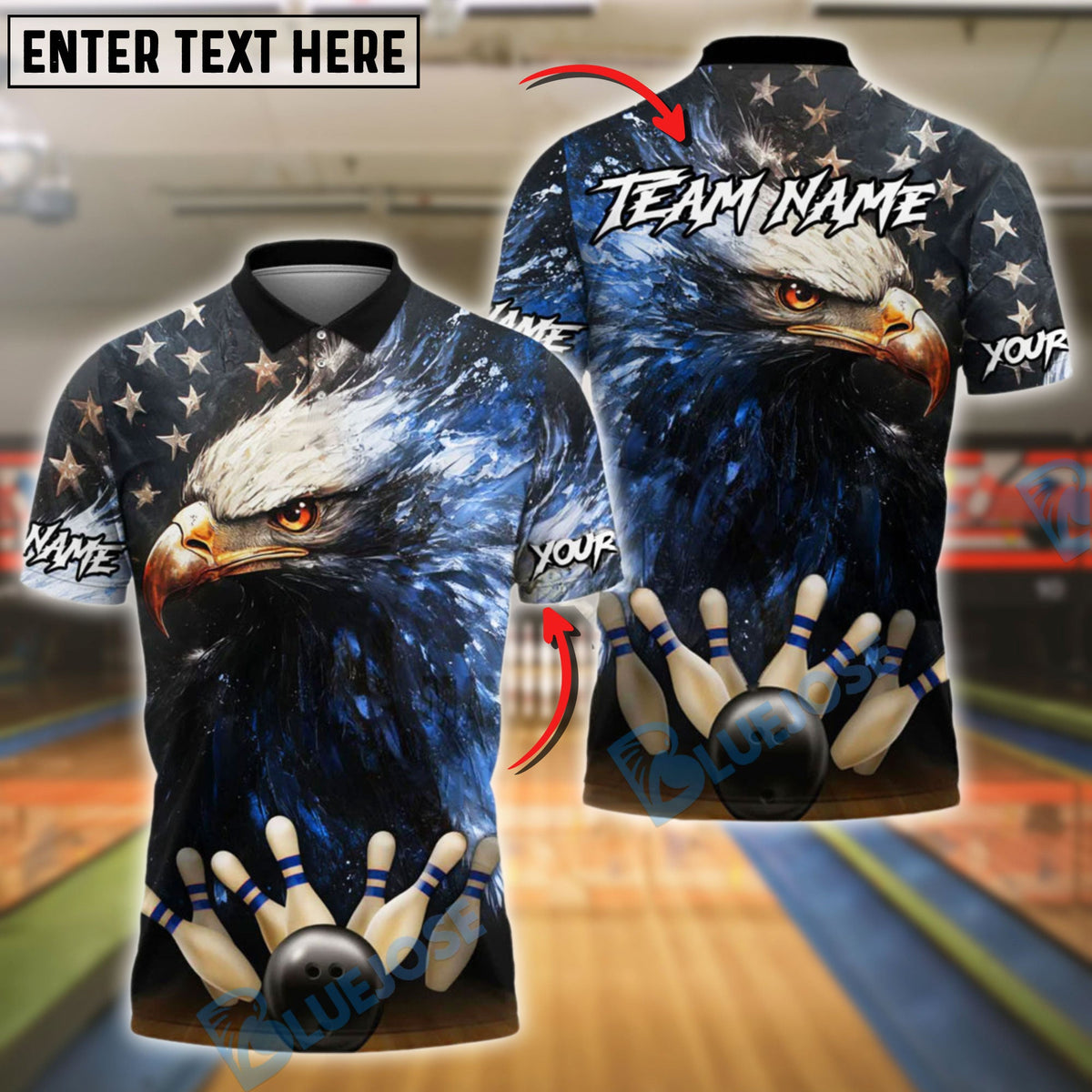 BlueJose Bowling American Eagle Power Strike Customized Name, Team Name 3D Shirt (4 Colors)