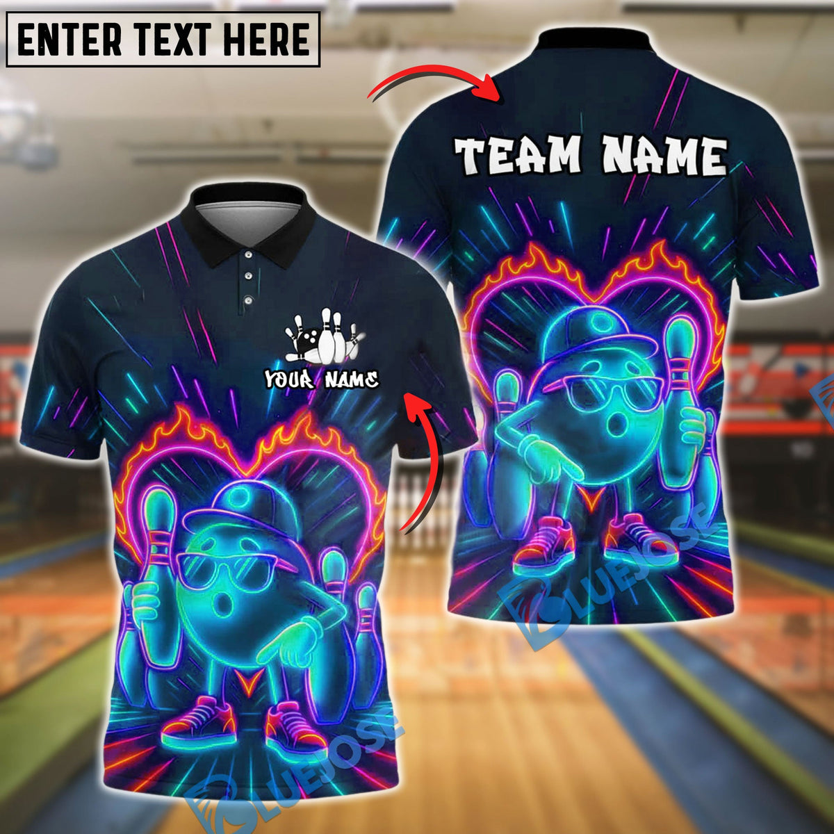 BlueJose Bowling And Pins Neon Cool Customized Name, Team Name 3D Shirt (4 Colors)