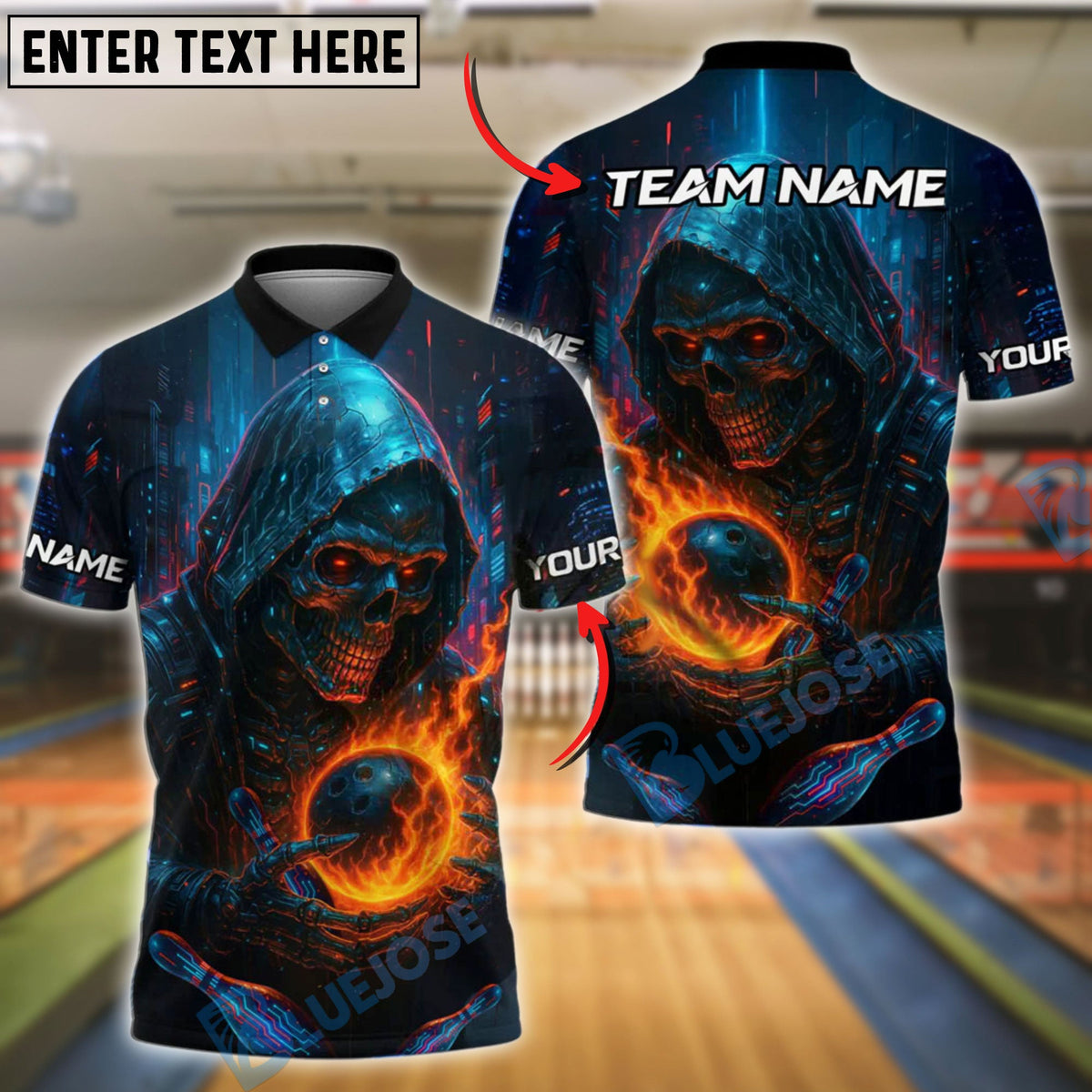 BlueJose Bowling And Pins Cyber Reaper Customized Name, Team Name 3D Shirt (4 Colors)