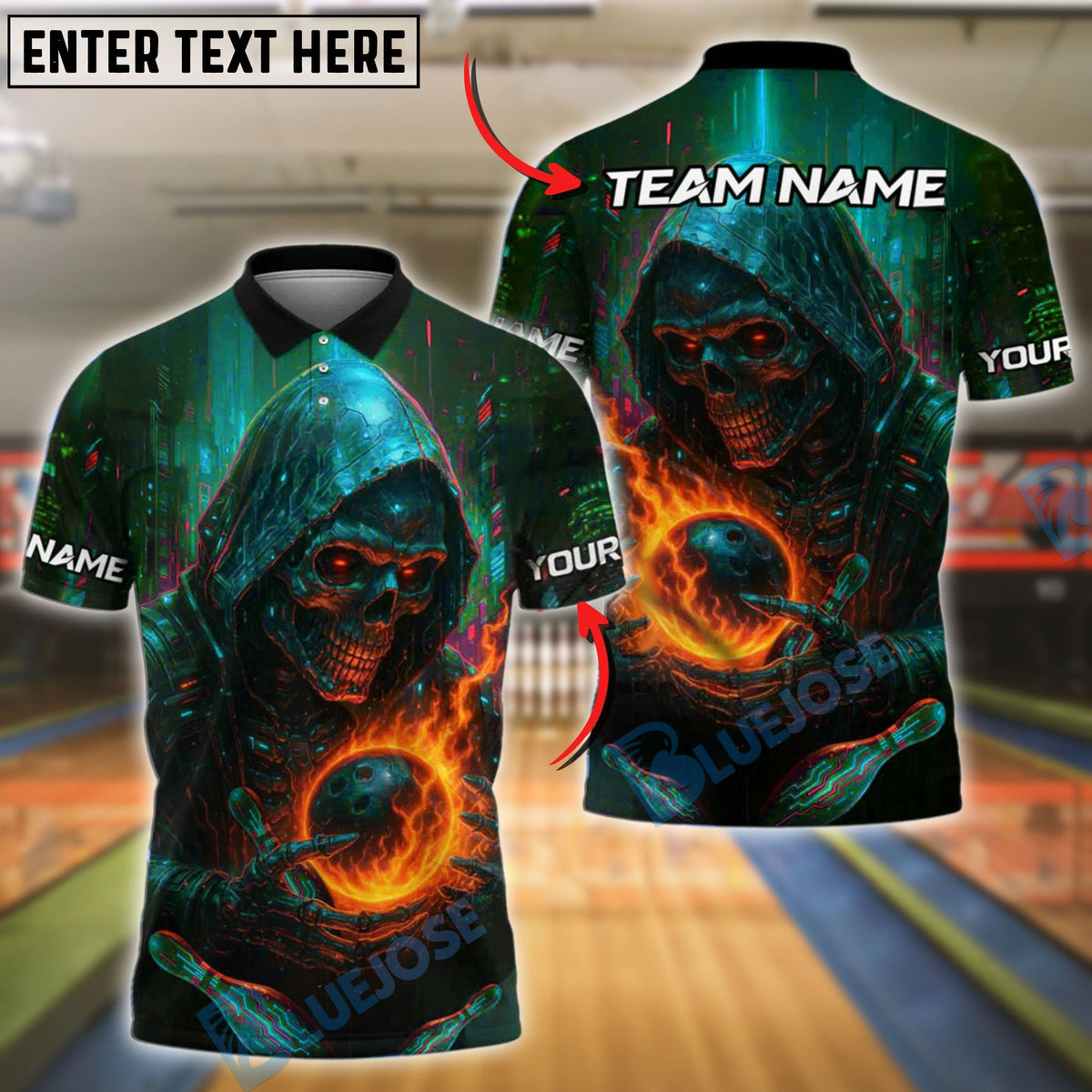 BlueJose Bowling And Pins Cyber Reaper Customized Name, Team Name 3D Shirt (4 Colors)