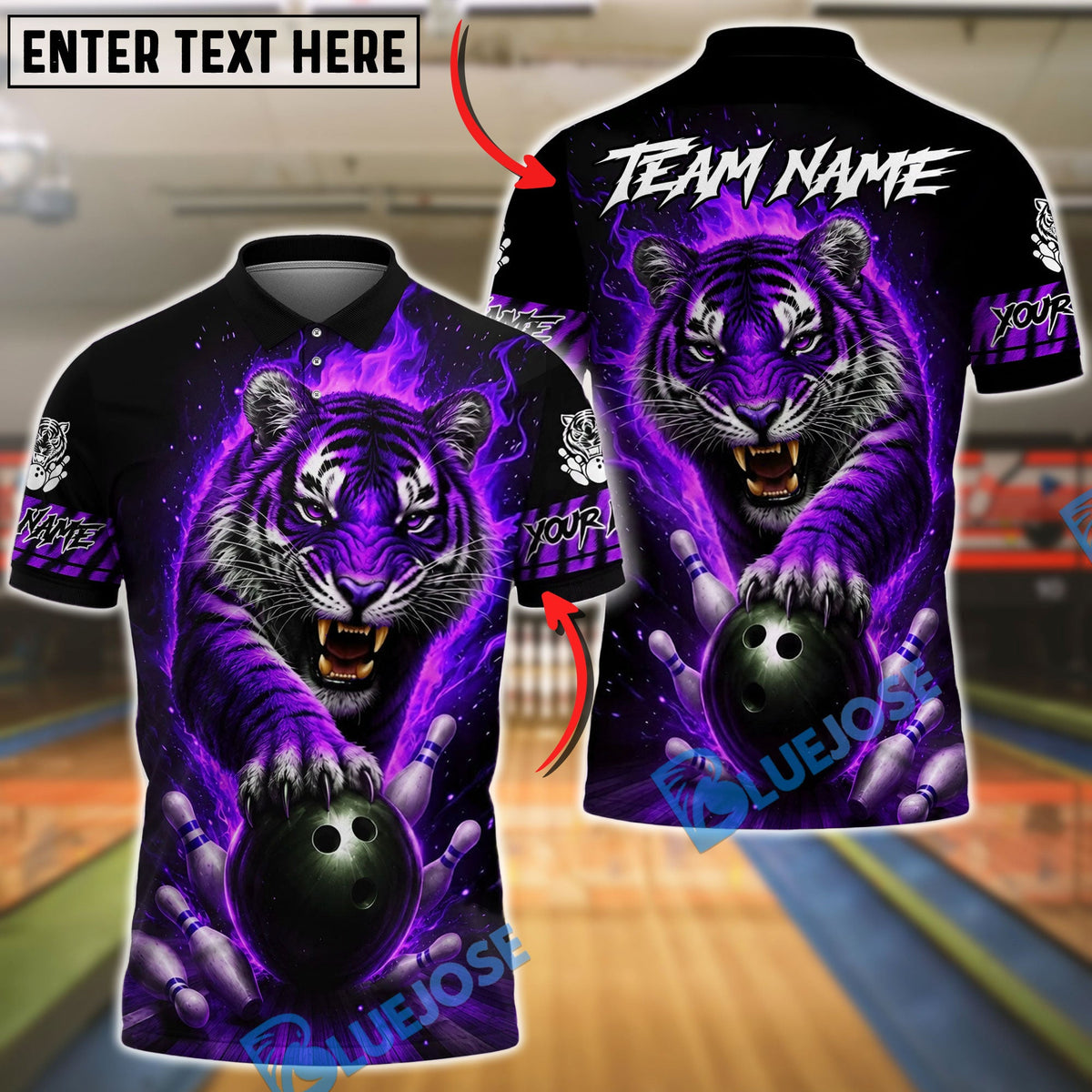 BlueJose Bowling Fierce Tiger Fire Bowling Ball Design Customized Name, Team Name 3D Shirt (6 Colors)
