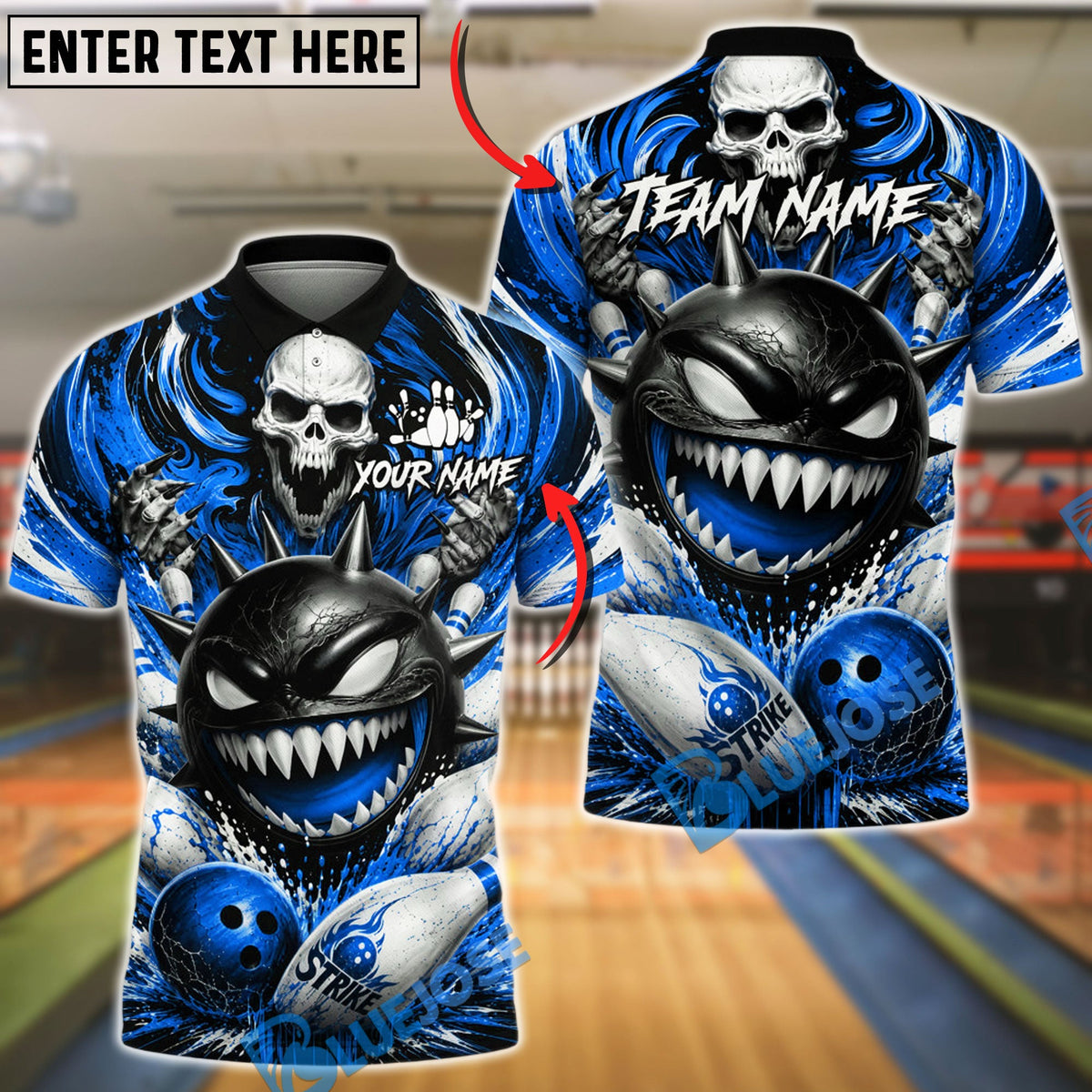 BlueJose Bowling And Pins Spiked Monster Skull Splash Customized Name, Team Name 3D Shirt (6 Colors)