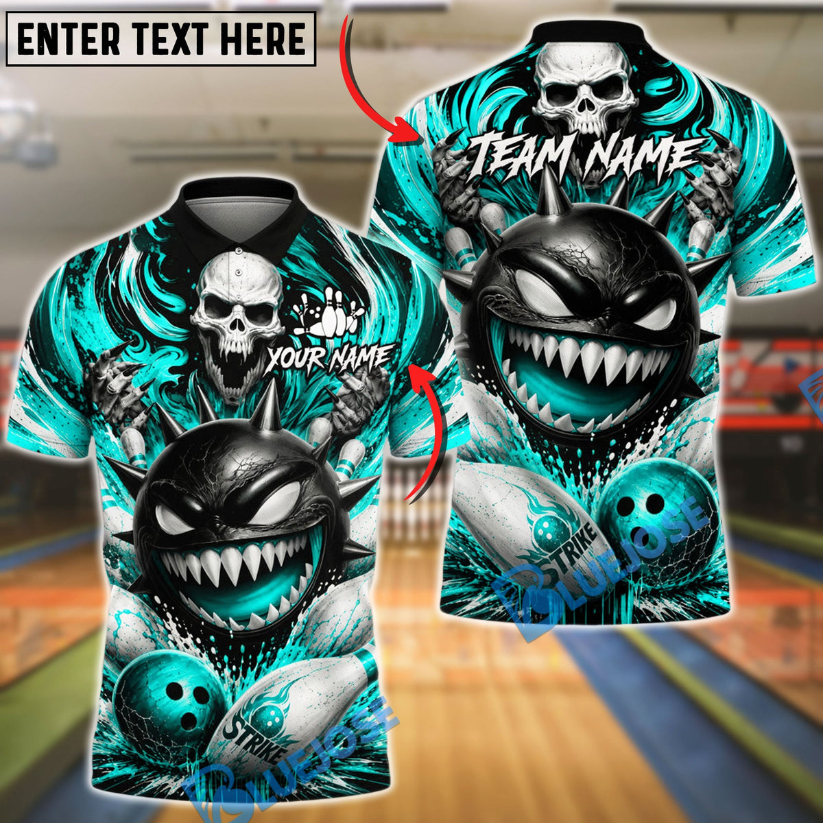 BlueJose Bowling And Pins Spiked Monster Skull Splash Customized Name, Team Name 3D Shirt (6 Colors)