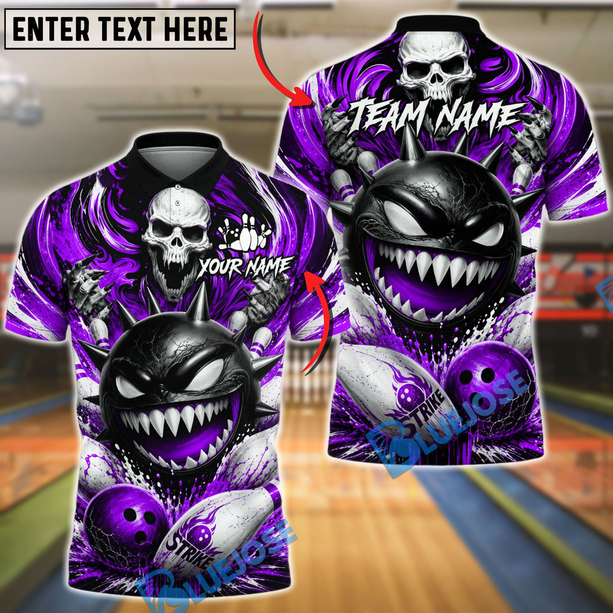 BlueJose Bowling And Pins Spiked Monster Skull Splash Customized Name, Team Name 3D Shirt (6 Colors)