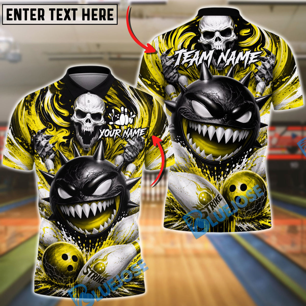 BlueJose Bowling And Pins Spiked Monster Skull Splash Customized Name, Team Name 3D Shirt (6 Colors)