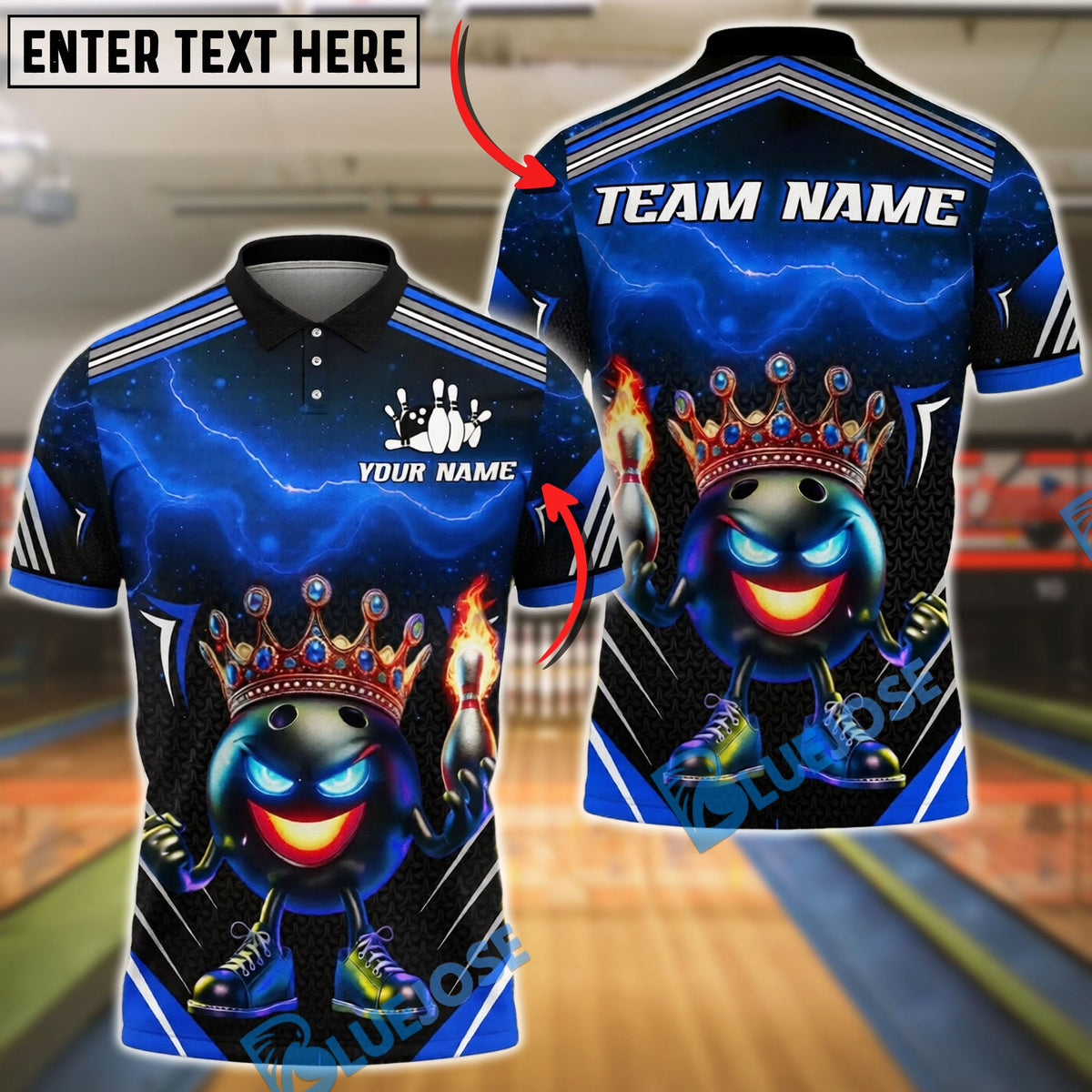 BlueJose Bowling Crown Bowling Ball Character Lightning Design Customized Name, Team Name 3D Shirt (4 Colors)