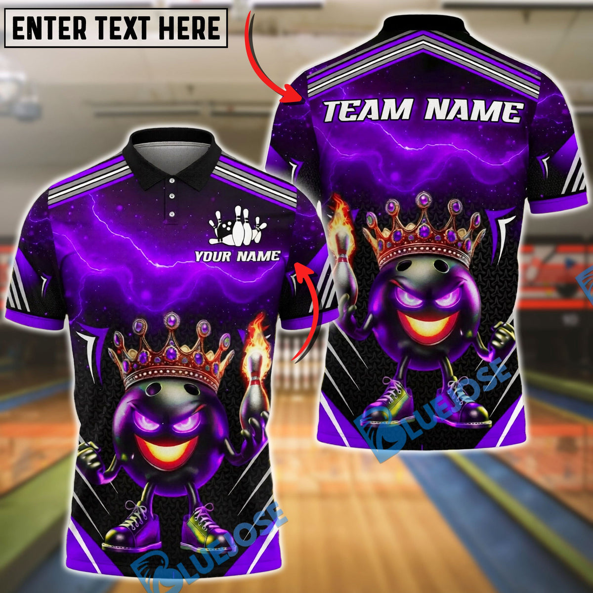 BlueJose Bowling Crown Bowling Ball Character Lightning Design Customized Name, Team Name 3D Shirt (4 Colors)