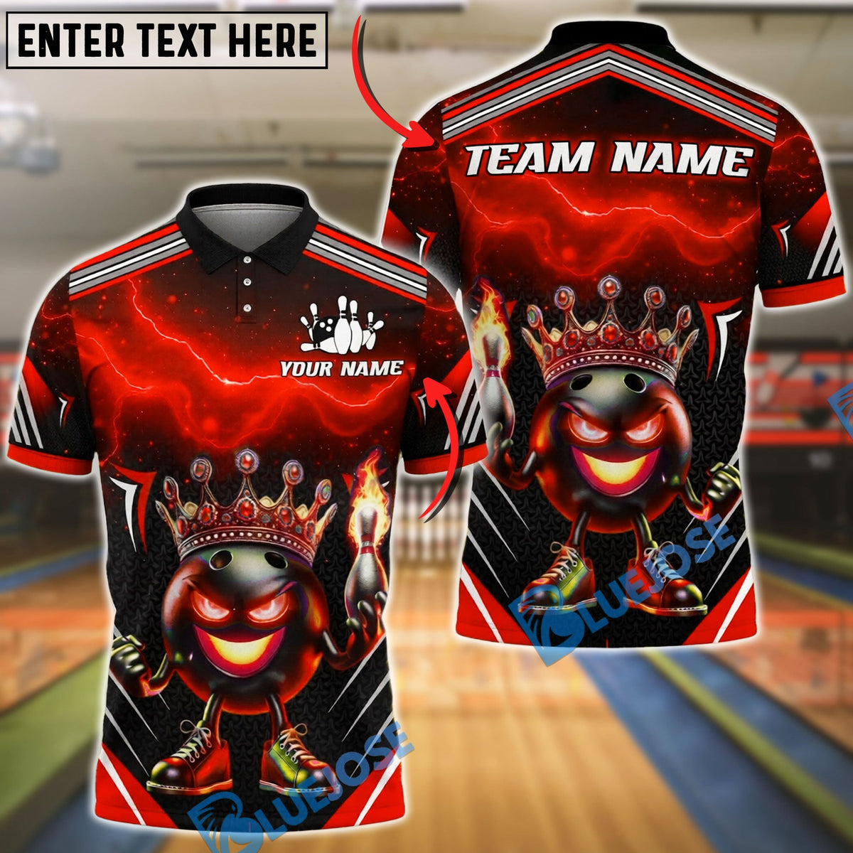 BlueJose Bowling Crown Bowling Ball Character Lightning Design Customized Name, Team Name 3D Shirt (4 Colors)