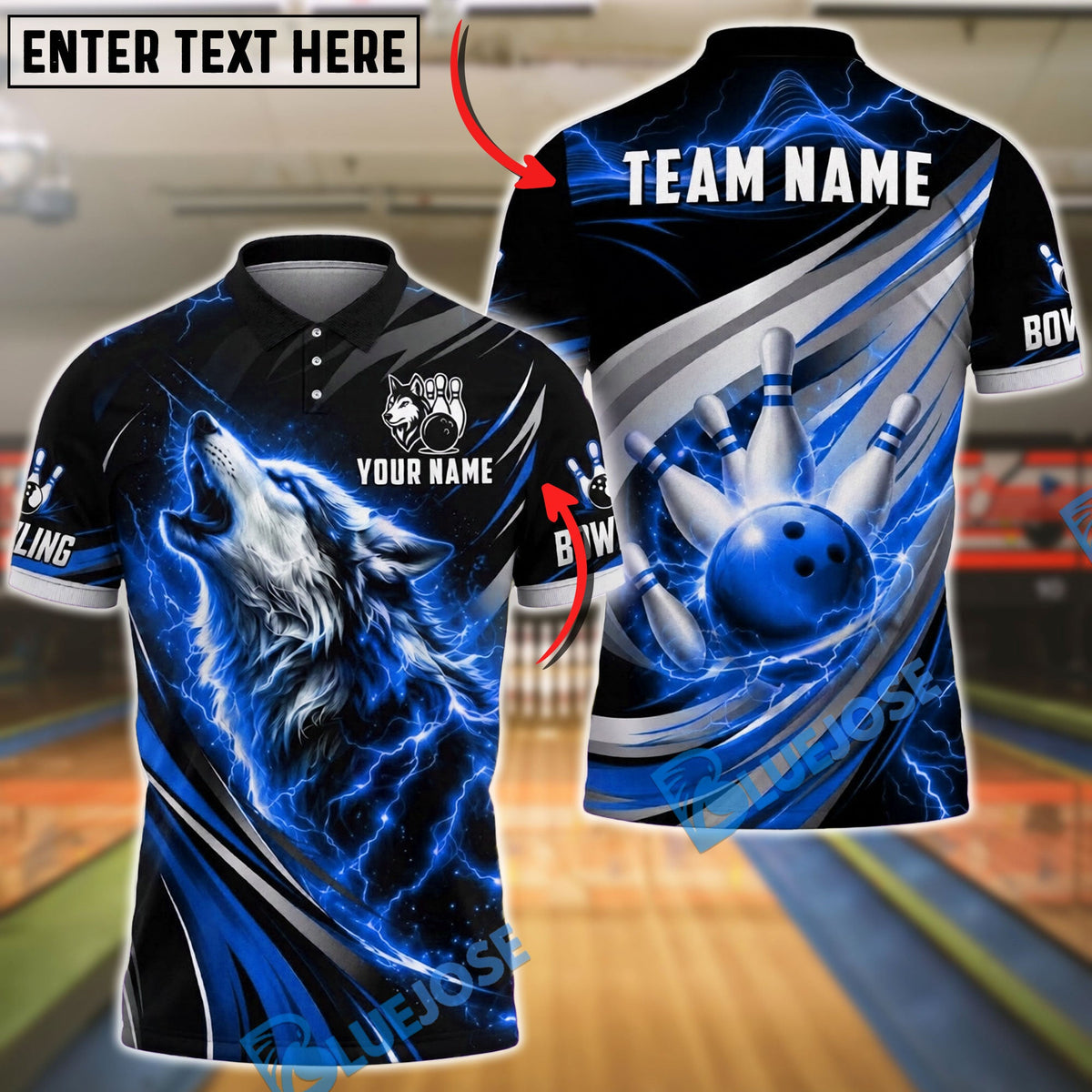 BlueJose Bowling Howling Wolf Lightning Customized Name, Team Name 3D Shirt (4 Colors)