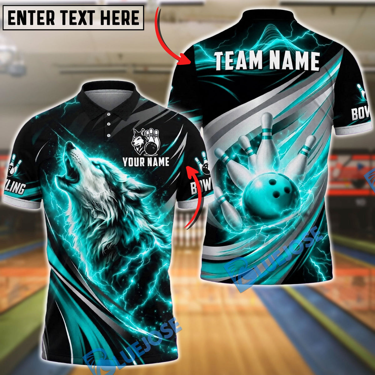 BlueJose Bowling Howling Wolf Lightning Customized Name, Team Name 3D Shirt (4 Colors)