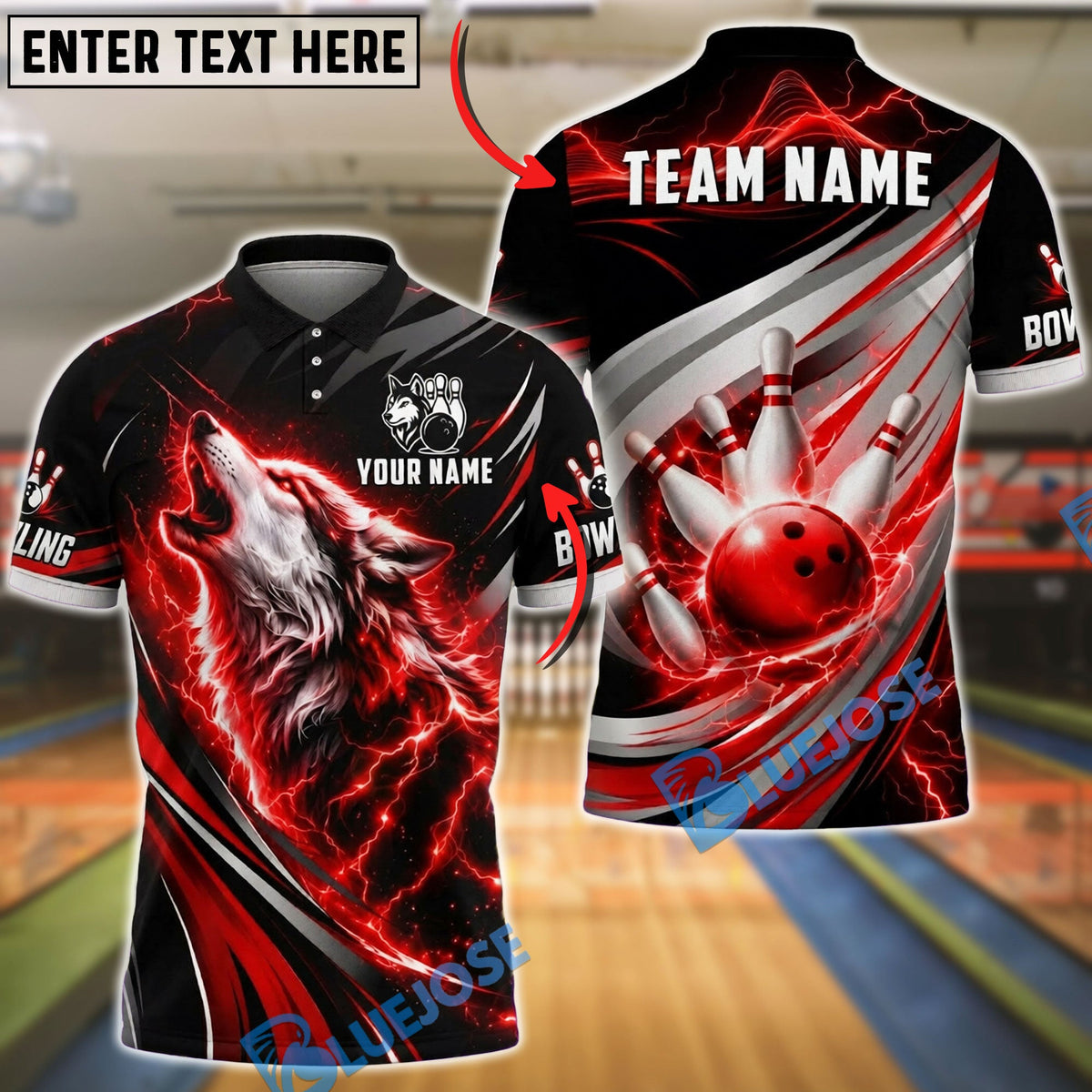 BlueJose Bowling Howling Wolf Lightning Customized Name, Team Name 3D Shirt (4 Colors)