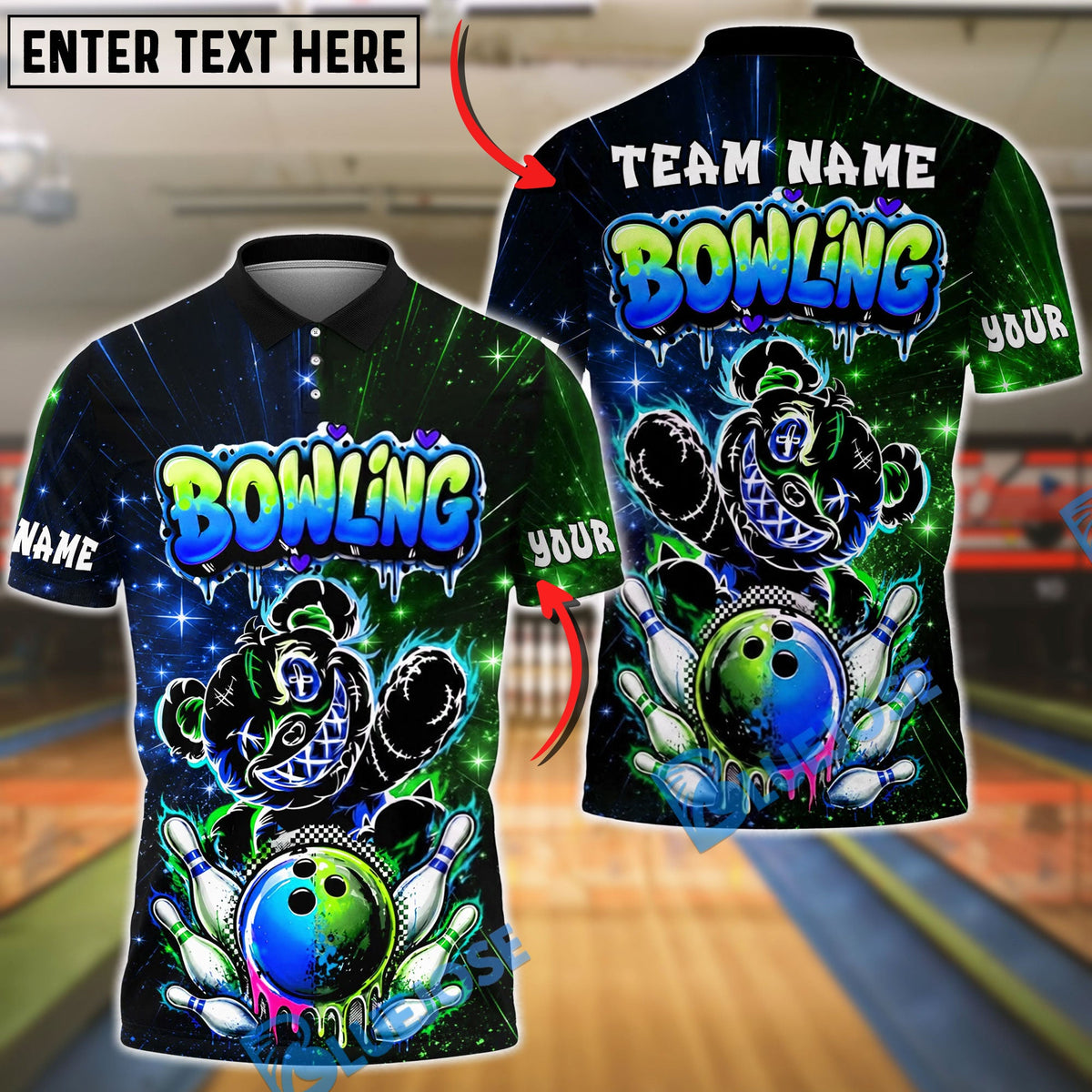 BlueJose Bowling And Pins Graffiti Teddy Bear Customized Name, Team Name 3D Shirt (6 Colors)