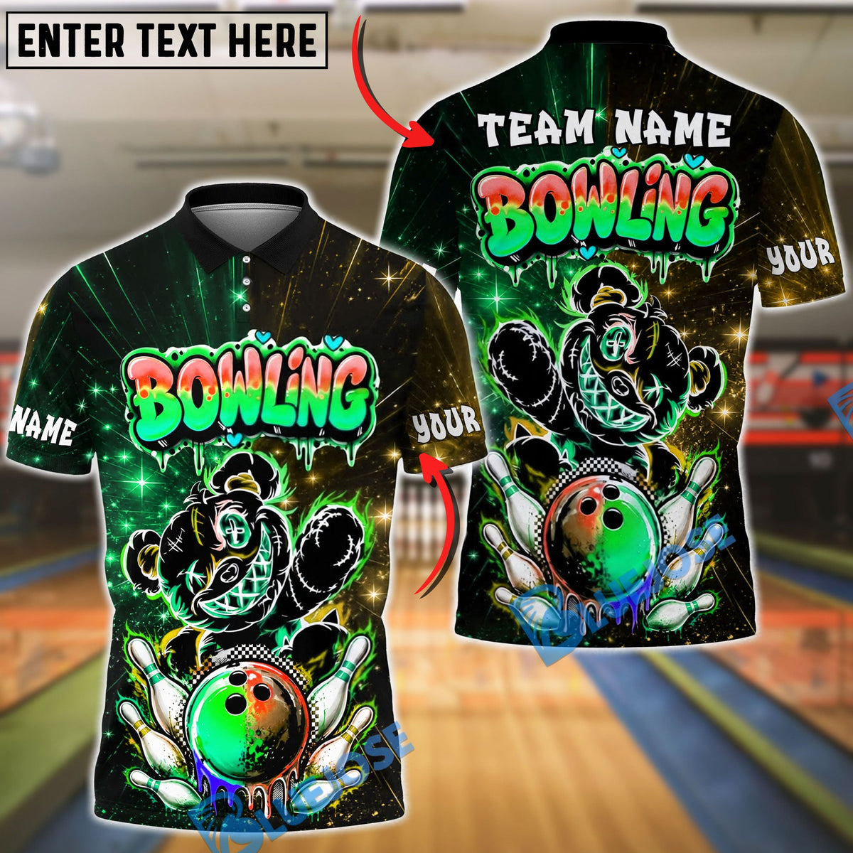 BlueJose Bowling And Pins Graffiti Teddy Bear Customized Name, Team Name 3D Shirt (6 Colors)