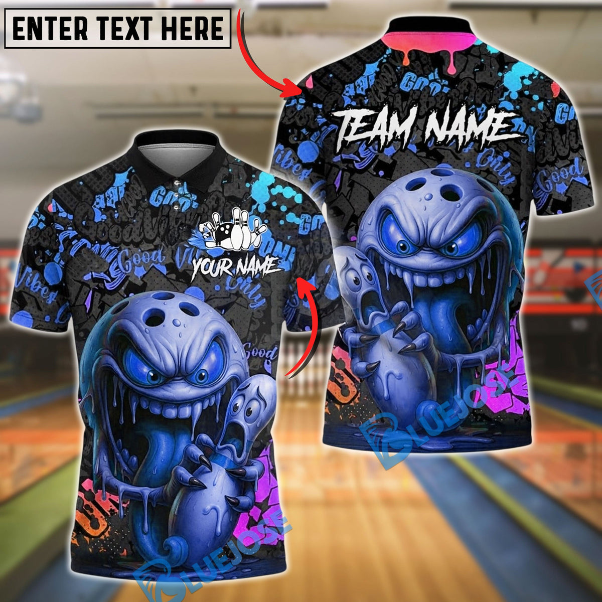 BlueJose Bowling And Pins Monster Graffiti Style Customized Name, Team Name 3D Shirt (4 Colors)