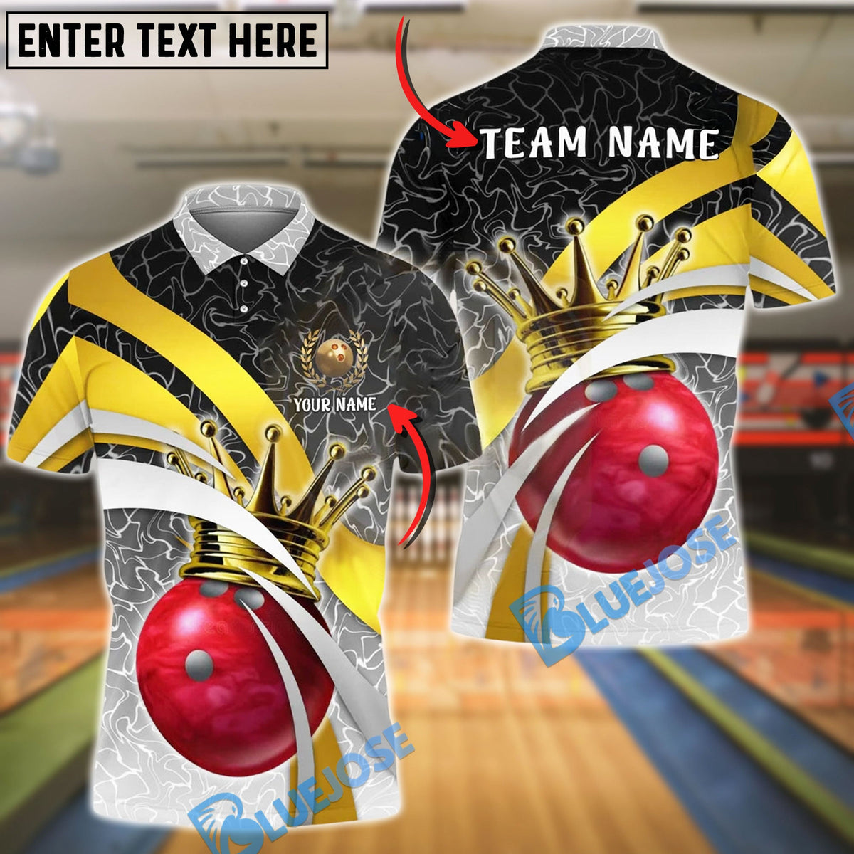 BlueJose Bowling And Pins Golden King Customized Name, Team Name 3D Shirt (4 Colors)