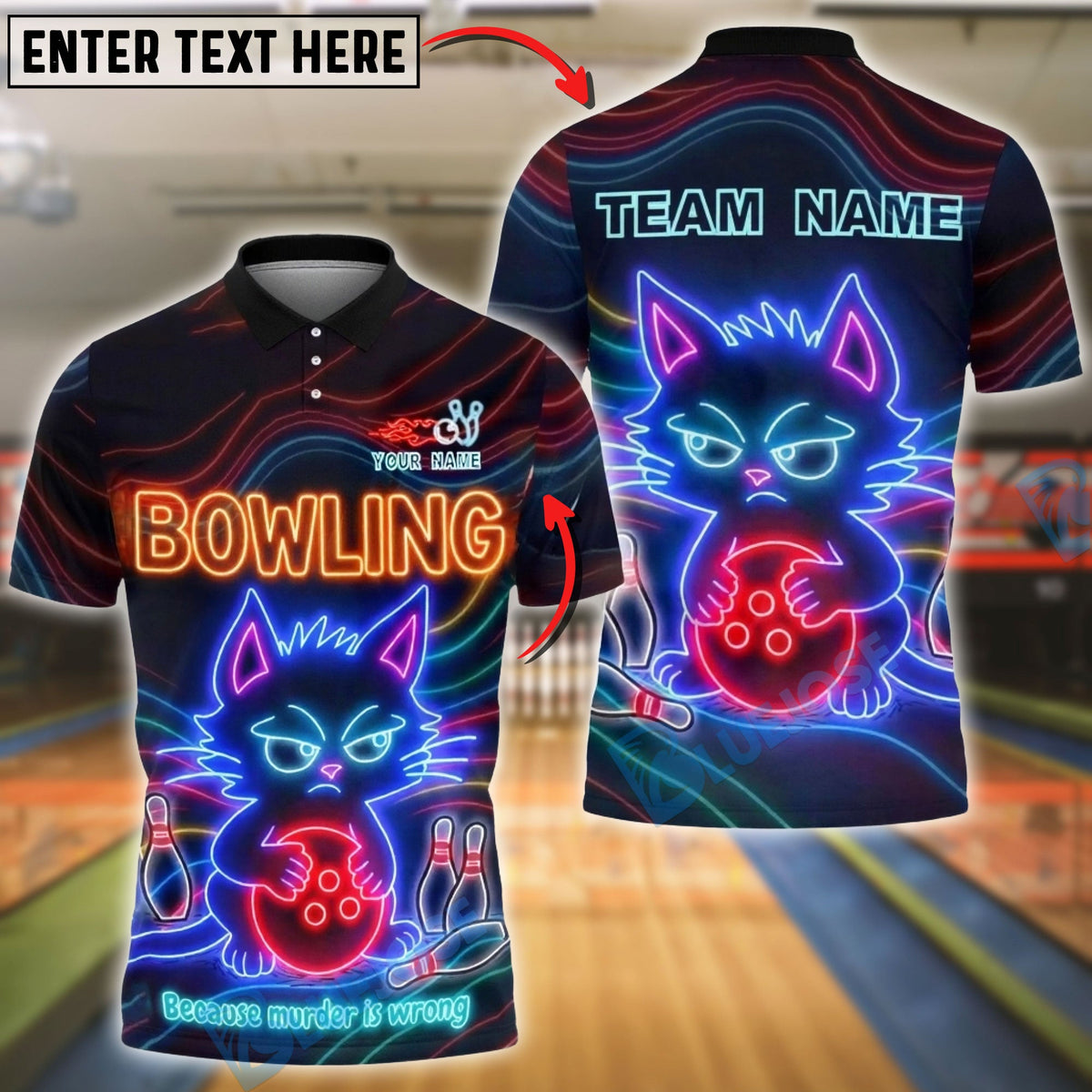 BlueJose Bowling & Pins Angry Cat Neon Graphic Customized Name, Team Name 3D Shirt (4 Colors)