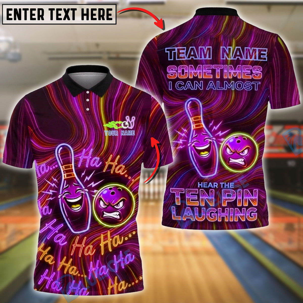 BlueJose Bowling & Pins Neon Laughing Pin & Ball Graphic Customized Name, Team Name 3D Shirt (4 Colors)