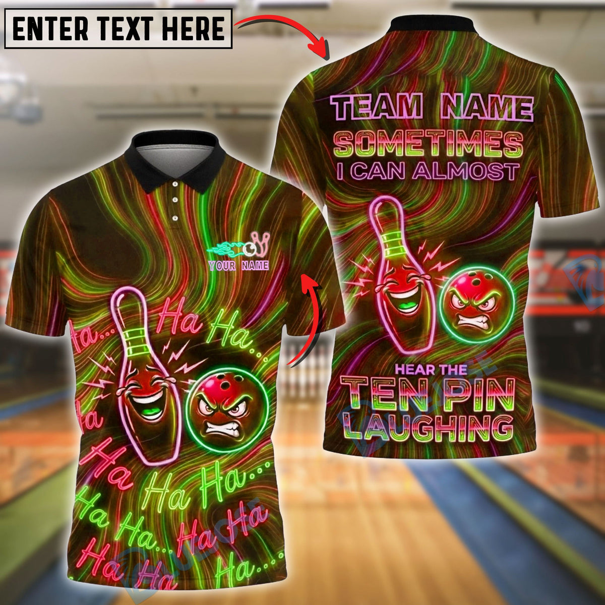 BlueJose Bowling & Pins Neon Laughing Pin & Ball Graphic Customized Name, Team Name 3D Shirt (4 Colors)