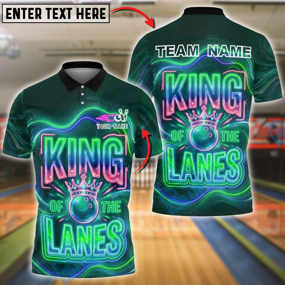 BlueJose Bowling & Pins Neon King of the Lanes Typography Graphic Customized Name, Team Name 3D Shirt (4 Colors)