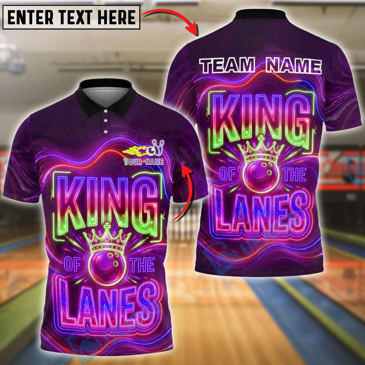BlueJose Bowling & Pins Neon King of the Lanes Typography Graphic Customized Name, Team Name 3D Shirt (4 Colors)