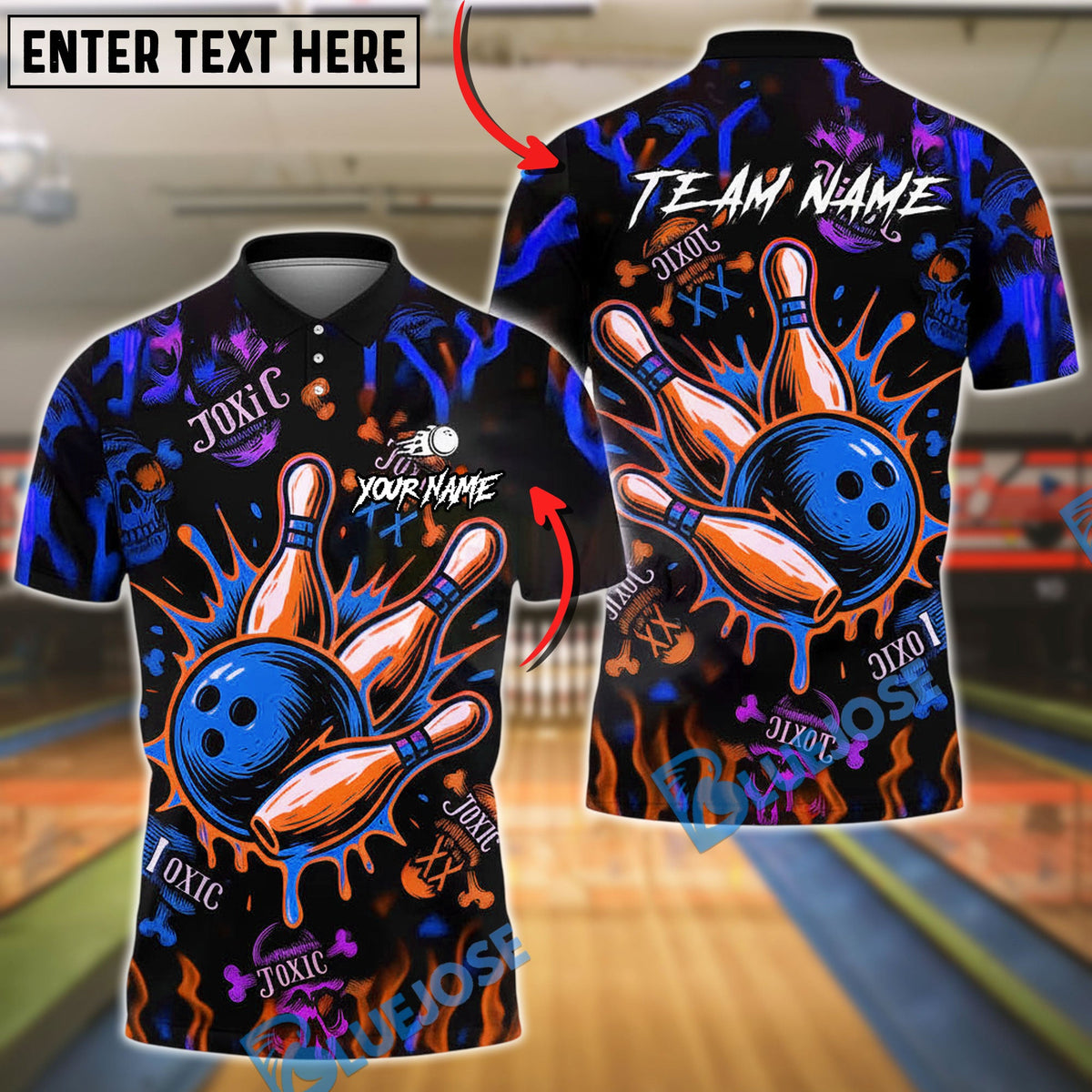 BlueJose Bowling And Pins Toxic Skull Customized Name, Team Name 3D Shirt (4 Colors)