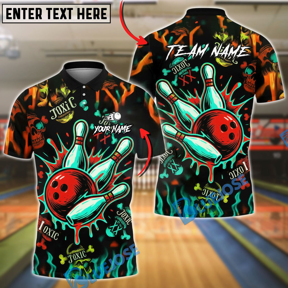 BlueJose Bowling And Pins Toxic Skull Customized Name, Team Name 3D Shirt (4 Colors)